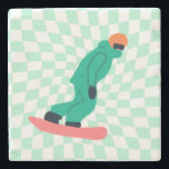 Freeride Snowboarder In Green Suit Checkered   Stone Coaster<br><div class="desc">Cool whimsical illustration art of colorful snowboarders,  snowboarding downhill in mountains,  on fresh snow powder. Snowboard and Xmas outdoor sport. Snowboarder gifts. Snowboarding team gifts. Retro warped checks checkered snowboarding.</div>