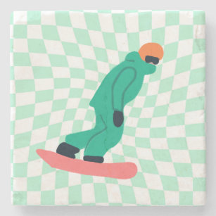 Freeride Snowboarder In Green Suit Checkered   Stone Coaster