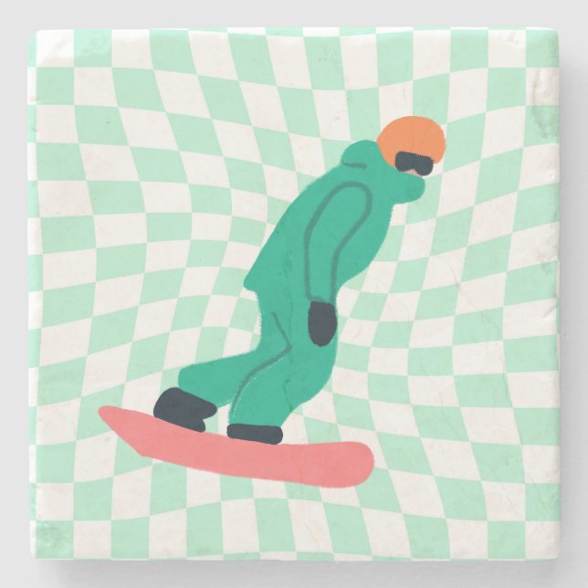 Freeride Snowboarder In Green Suit Checkered   Stone Coaster (Front)