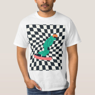 Freeride Snowboarder In Green Suit Checkered T-Shirt