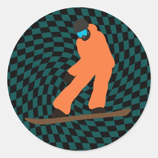 Freeride Snowboarder In Orange Suit Checkered Classic Round Sticker (Front)