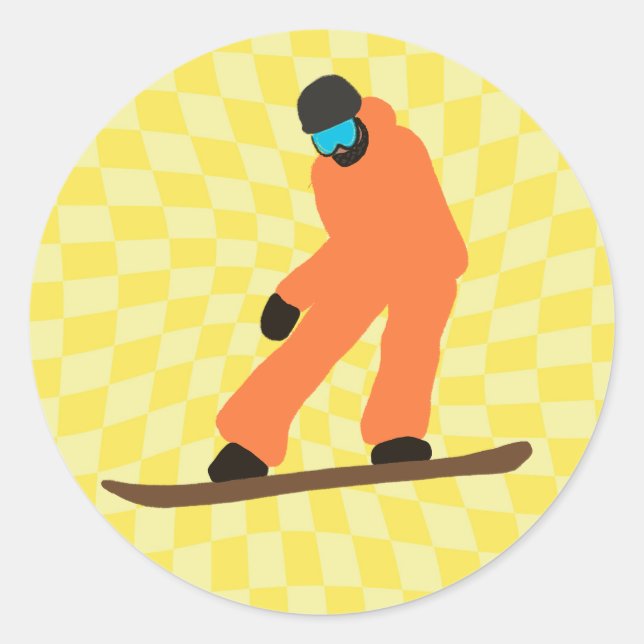 Freeride Snowboarder In Orange Suit Checkered   Classic Round Sticker (Front)