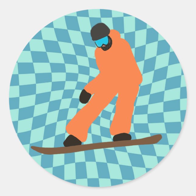 Freeride Snowboarder In Orange Suit Checkered  Classic Round Sticker (Front)