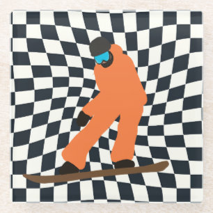 Freeride Snowboarder In Orange Suit Checkered   Glass Coaster
