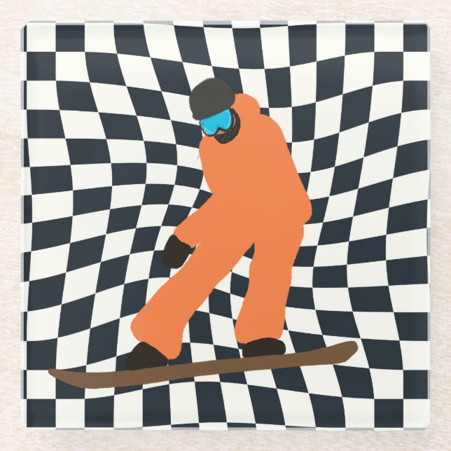 Freeride Snowboarder In Orange Suit Checkered   Glass Coaster (Front)