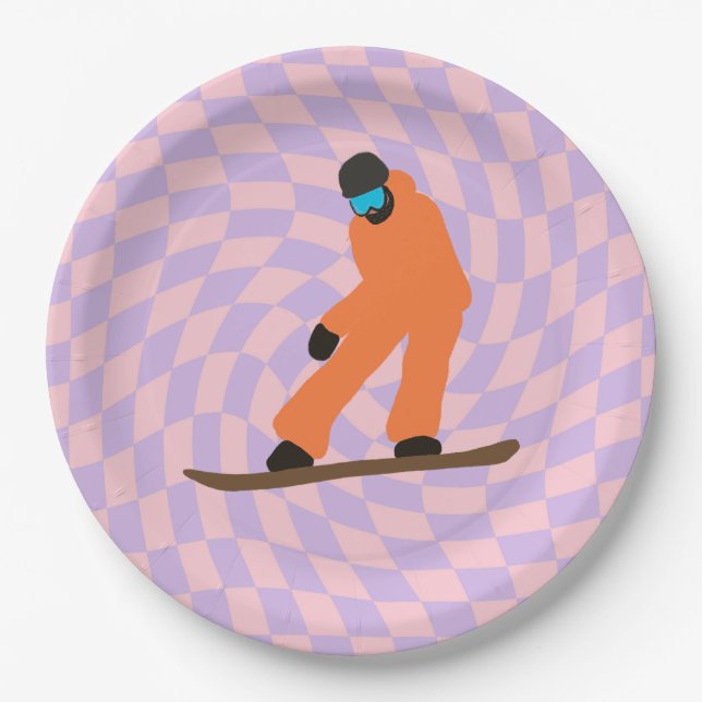 Freeride Snowboarder In Orange Suit Checkered    Paper Plates (Front)
