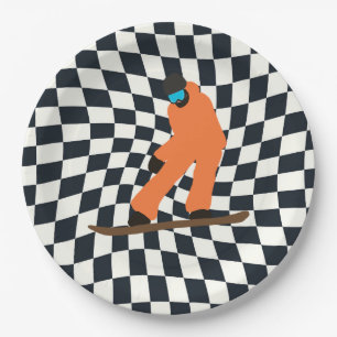 Freeride Snowboarder In Orange Suit Checkered Paper Plates