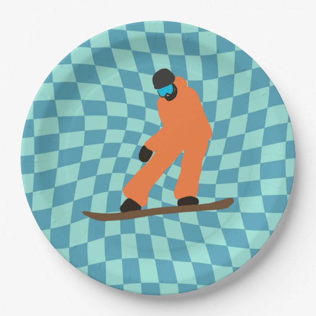 Freeride Snowboarder In Orange Suit Checkered   Paper Plates (Front)