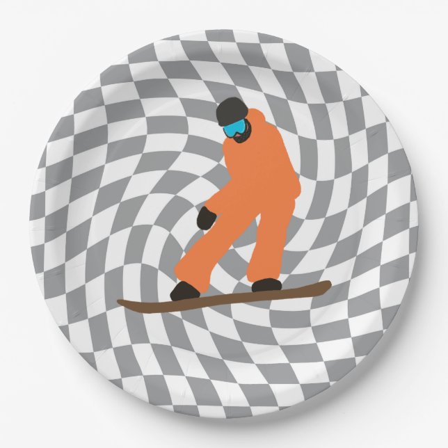 Freeride Snowboarder In Orange Suit Checkered    Paper Plates (Front)