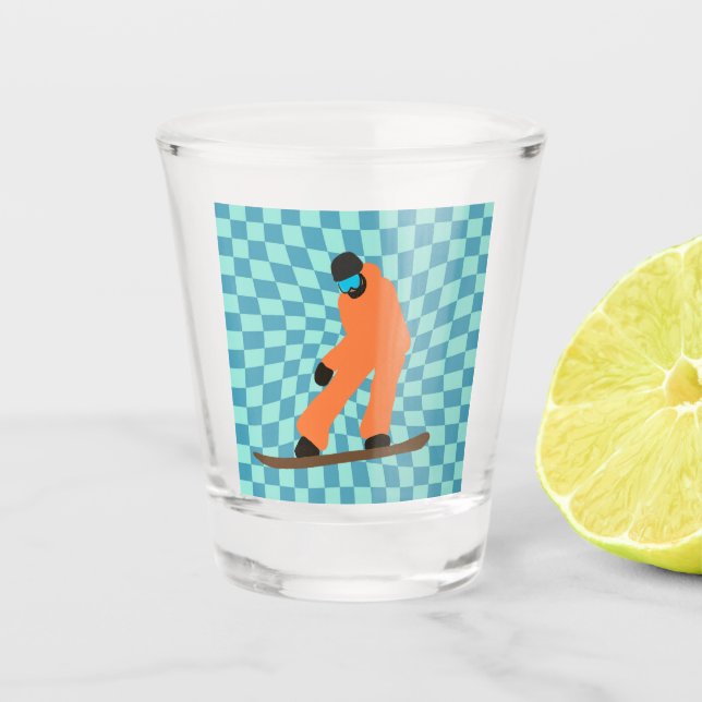 Freeride Snowboarder Orange Suit Checkered  Shot Glass (Front)