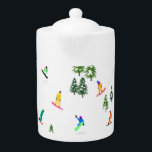 Freeride Snowboarder Snowboarding Design  Teapot<br><div class="desc">Cool whimsical illustration art of colorful snowboarders,  snowboarding downhill in mountains among pine,  spruce,  fir trees on fresh snow powder. Snowboard and xmas outdoor sport in a winter forest. Snowboarder gifts. Snowboarding Christmas decor.</div>