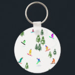 Freeride Snowboarder Snowboarding Illustration    Keychain<br><div class="desc">Cool whimsical illustration art of colorful snowboarders,  snowboarding downhill in mountains among pine,  spruce,  fir trees on fresh snow powder. Snowboard and xmas outdoor sport in a winter forest. Snowboarder gifts. Snowboarding Christmas decor.</div>