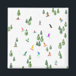 Freeride Snowboarder Snowboarding Illustration  Magnet<br><div class="desc">Cool whimsical illustration art of colorful snowboarders,  snowboarding downhill in mountains among pine,  spruce,  fir trees on fresh snow powder. Snowboard and xmas outdoor sport in a winter forest. Snowboarder gifts. Snowboarding Christmas decor.</div>