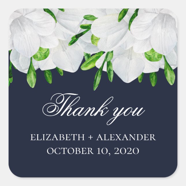 Freesia flowers. Floral thank you. Navy wedding Square Sticker (Front)