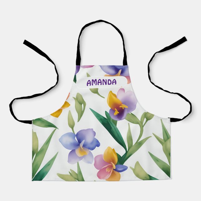Freesia Watercolor Colorful Personalized Pattern Apron (Front)