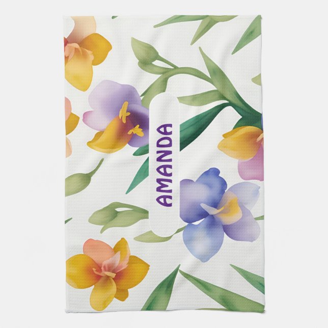 Freesia Watercolor Colorful Personalized Pattern Kitchen Towel (Vertical)