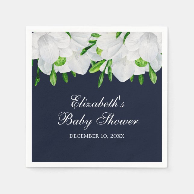 Freesia. White flowers. Garden navy baby shower Napkins (Front)