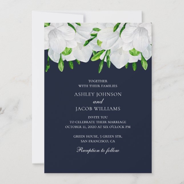 Freesia. White flowers. Navy garden floral wedding Invitation (Front)