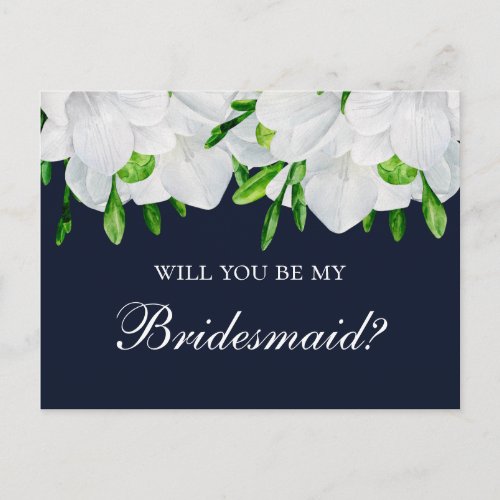 Freesia Will you be my bridesmaid Floral navy Postcard
