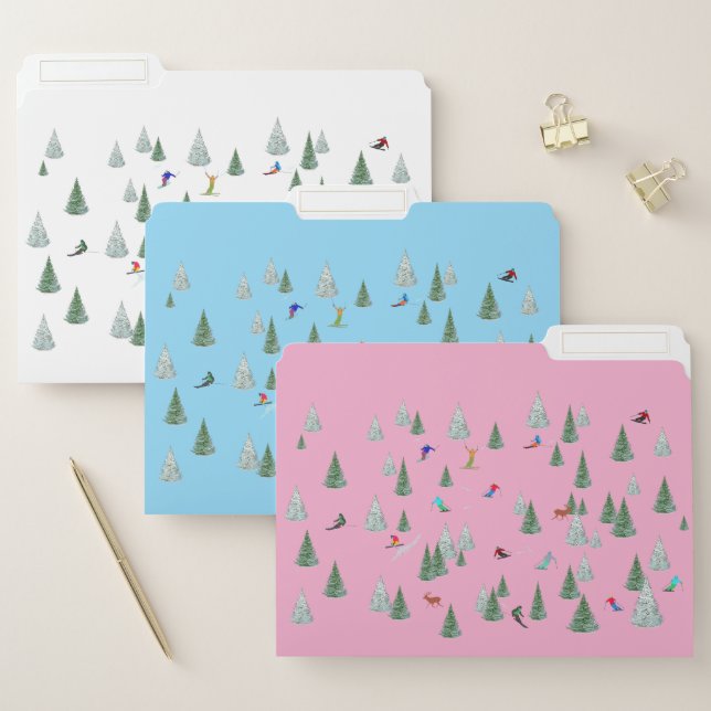 Freestyle Skiers Downhill Skiing White Pink Blue File Folder (Set)