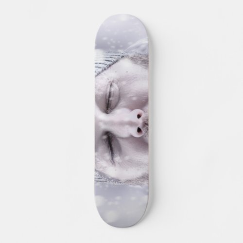 Freezing cold man in snow storm white out skateboard deck