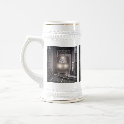 Freight train crossing a bridge     beer stein