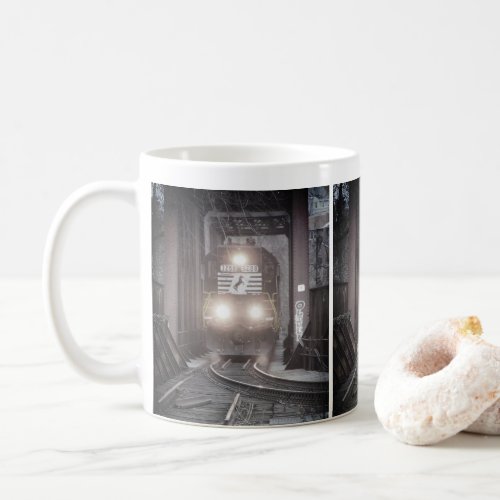 Freight train crossing a bridge    coffee mug