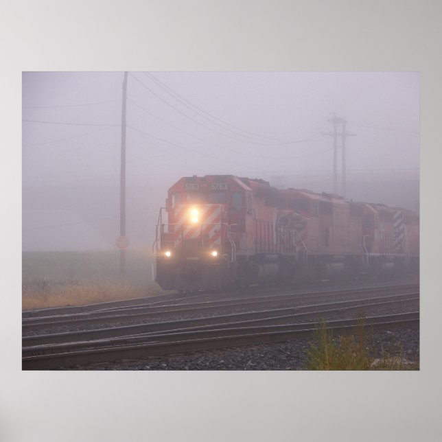 Freight Train Running in Morning Fog Poster (Front)