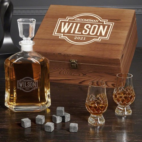 Fremont Wooden Box w Decanter  Bourbon Glasses