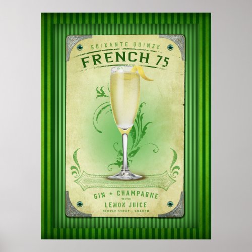 French 75 Cocktail Vintage New Orleans Poster