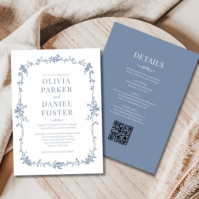 French All in One Victorian Dusty Blue Wedding  Invitation (Creator Uploaded)