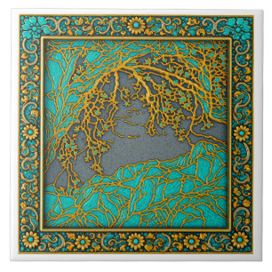 French Alps Gold , Silver Turquoise Ceramic Tile