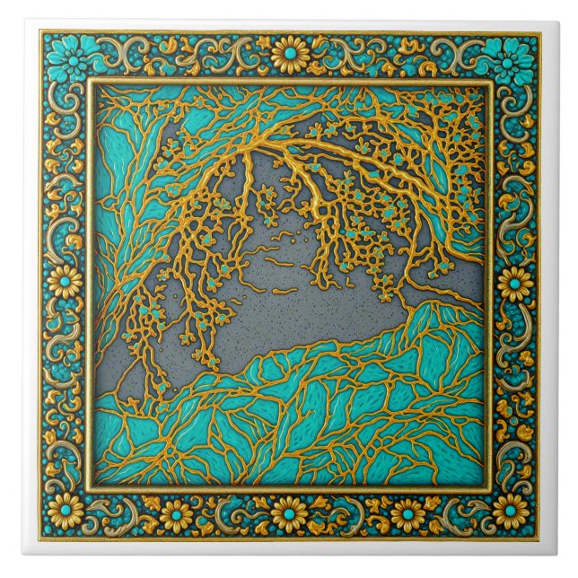 French Alps  Gold , Silver Turquoise  Ceramic Tile (Front)