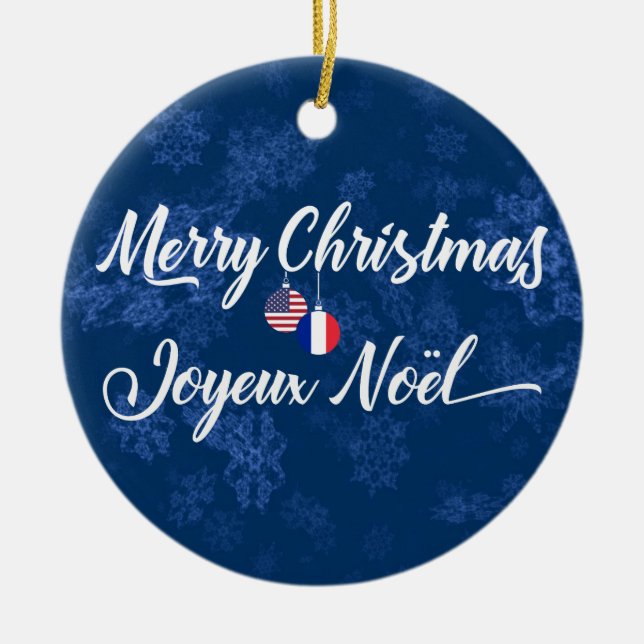 French American Holiday Decoration, Joyeux Noel Ceramic Ornament (Front)