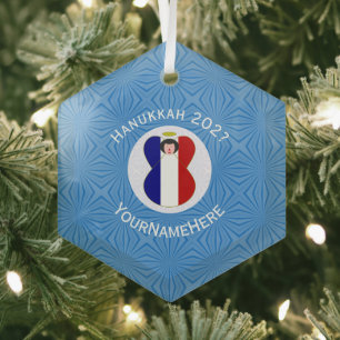 French Angel Hanukkah Flag Personalized Glass Ornament