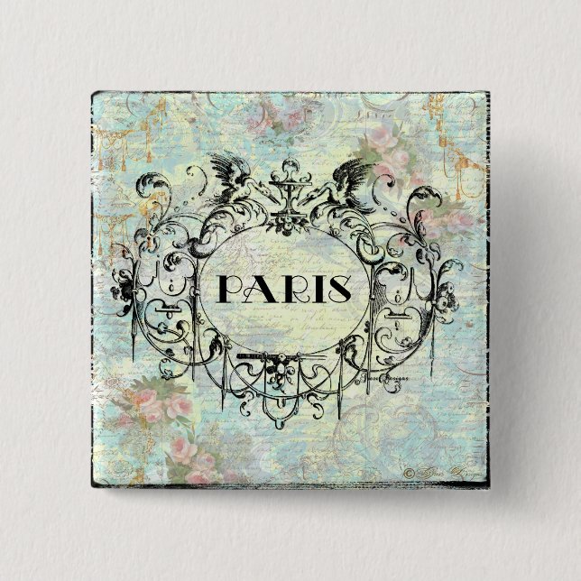 French Antique Style Rococo Design & Pink Roses Button (Front)