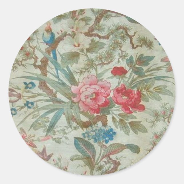 French Antique Toile Bird and Flowers Classic Round Sticker (Front)