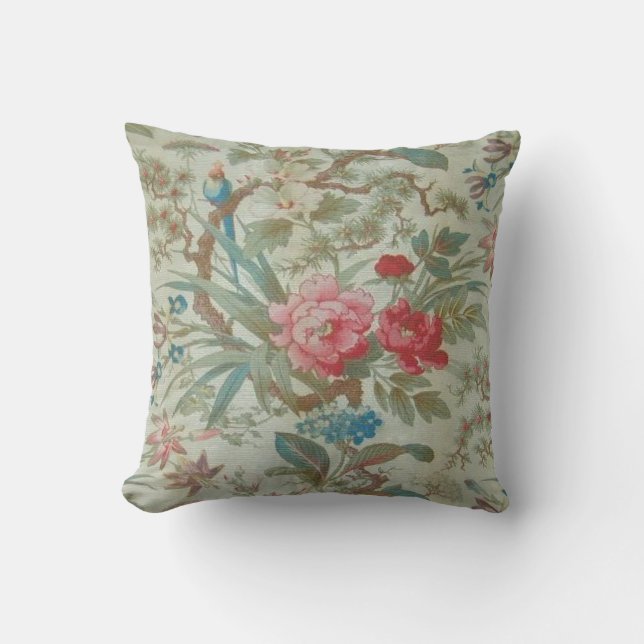 French Antique Toile Bird and Flowers Throw Pillow (Front)