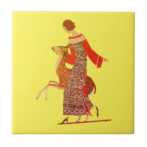 French Art Deco Lady and Doe Ceramic Tile