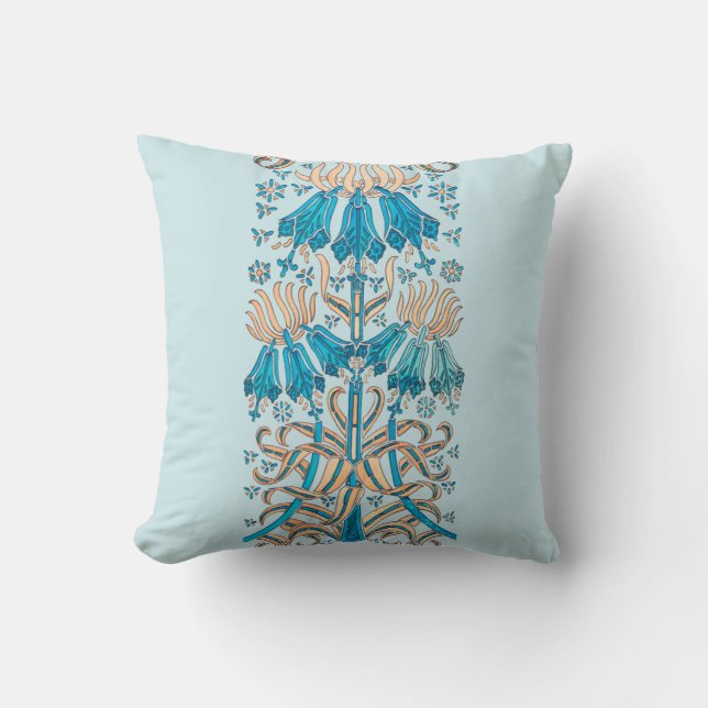 French Art Nouveau Floral Botanical Blue Cream Throw Pillow (Front)