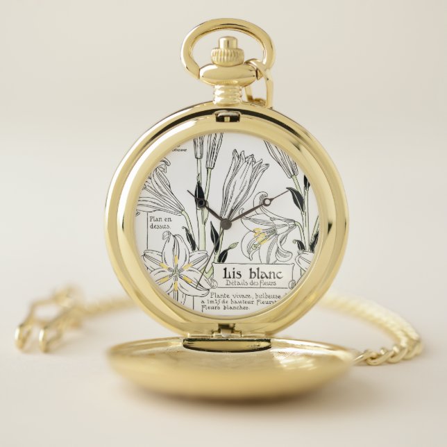 French Art Nouveau Lily Lis Flowers Pocket Watch (Inside)