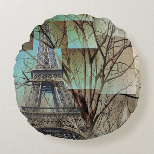 french autumn tree branch Paris eiffel tower Round Pillow