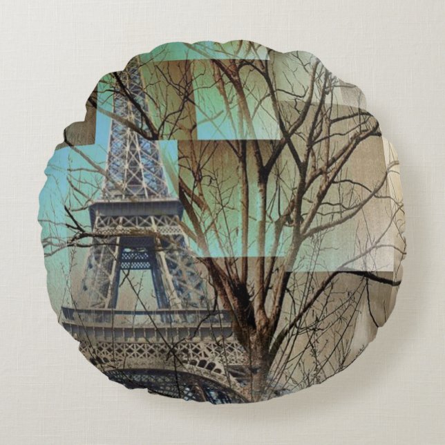 french autumn tree branch Paris eiffel tower Round Pillow (Front)