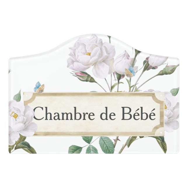 French Baby’s Room Sign White Rose Butterfly (Small Crest Front)