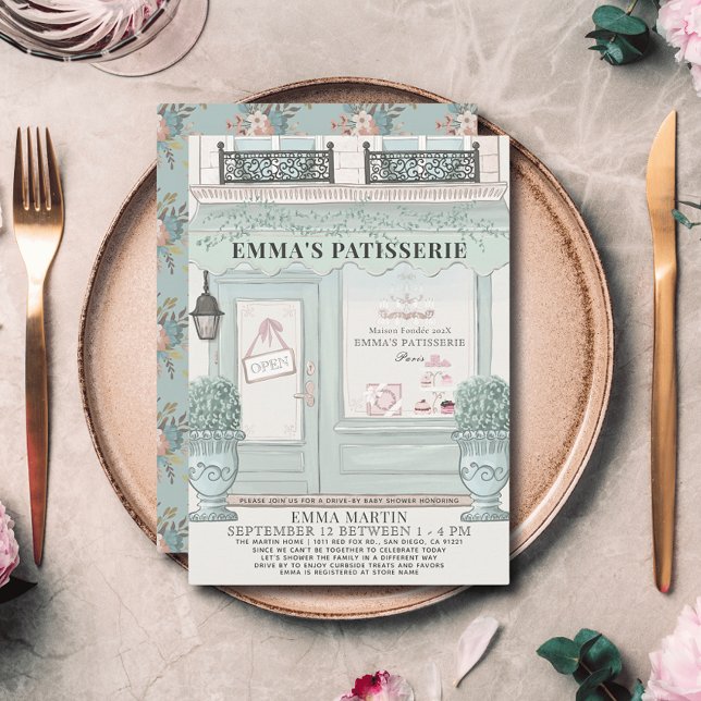 French Bakery Green Drive-by Baby Shower Invitation (Creator Uploaded)