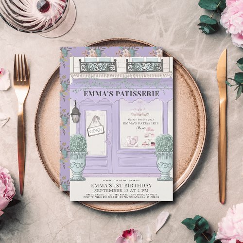 French Bakery Paris Lavender 1st Birthday Invitation