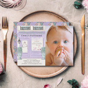 French Bakery Paris Lavender 1st Birthday Photo Invitation