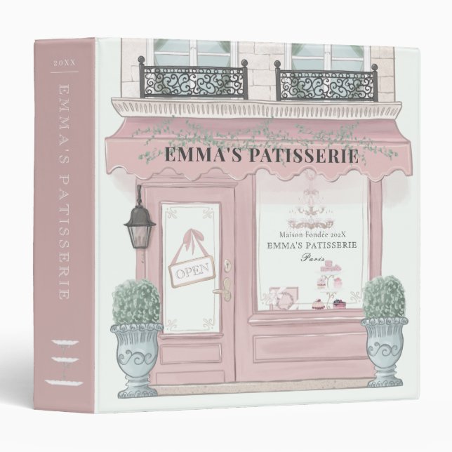 French Bakery Patisserie Cafe Pistachio Pink 3 Ring Binder (Front/Spine)