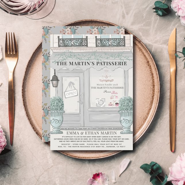 French Bakery Patisserie Gray Baby Shower by Mail Invitation (Creator Uploaded)