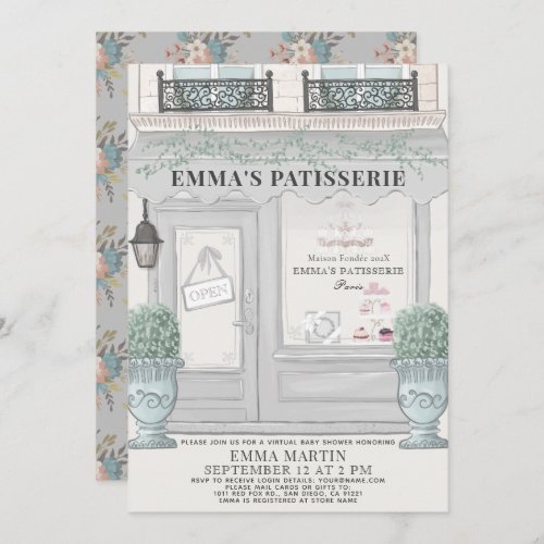 French Bakery Patisserie Gray Virtual Baby Shower  Invitation